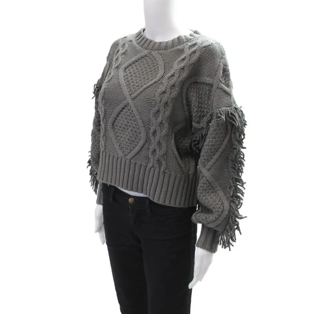 Line And Dot Womens Cable Knit Fringe Crew Neck Sweater Gray Size Extra Small
